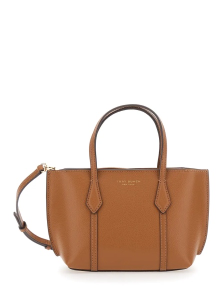 Geanta de mana Handbag 'Perry' with Adjustable and Removable Shoulder Strap and Embossed Logo Lettering on the Front in Grained Brown Leather for Women