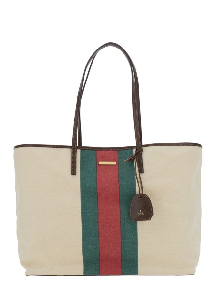 Geanta de mana White Tote Bag with Web Ribbon and Logo Plate on Front in Canvas for Women