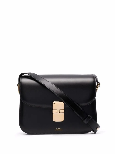 Geanta de umar A.P.C. 'Grace' Black Small Crossbody Bag with Adjustable Strap and Logo Lettering Imprinted on the Front in Leather for Women