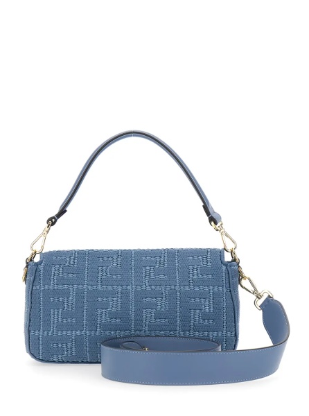 Geanta de umar 'Baguette' Blue Shoulder Bag with Adjustable and Removable Strap and FF All-Over Embroidery in Raffia for Women