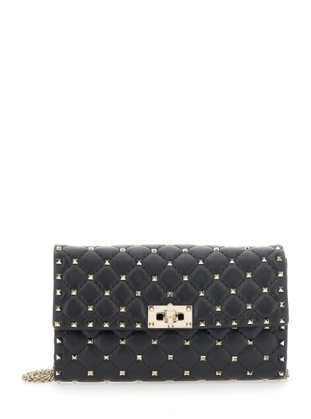 Geanta de umar Black Crossbody bag with chain strap and Rockstud decoration in quilted leather for women