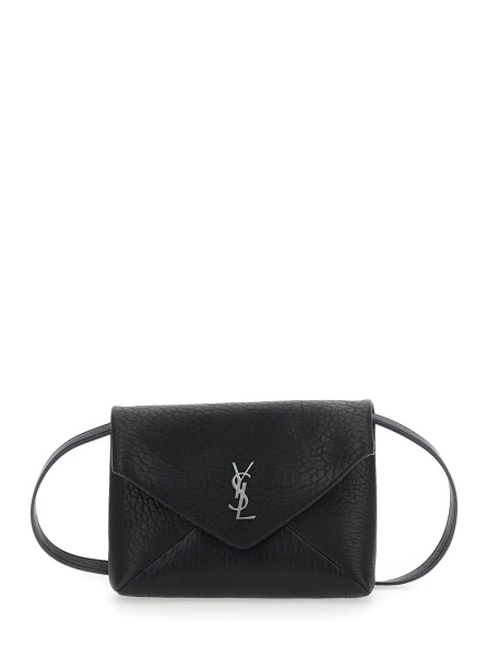 Geanta de umar Black Crossbody bag with Envelope Design and Cassandre Plaque on Front in Grained Leather for Women