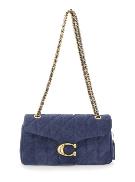Geanta de umar Blue Crossbody Bag with Chain Handles and Logo Plate on the Front in Suede for Women
