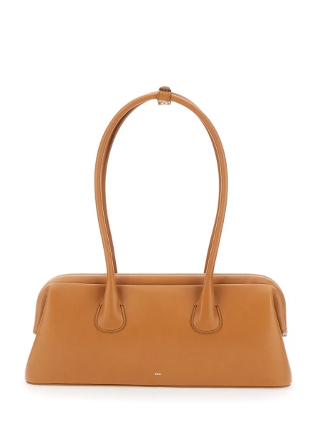 Geanta de umar 'Boat Wide Mini' Brown Shoulder Bag with Round Handles and Logo Lettering on the Front in Leather for Women