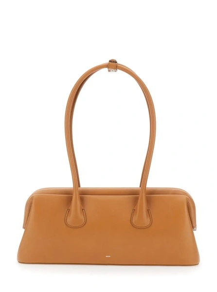 Geanta de umar 'Boat Wide Mini' Brown Shoulder Bag with Round Handles and Logo Lettering on the Front in Leather for Women