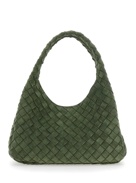 Geanta de umar Bottega Veneta verde din piele intoarsa 'Campana Small'