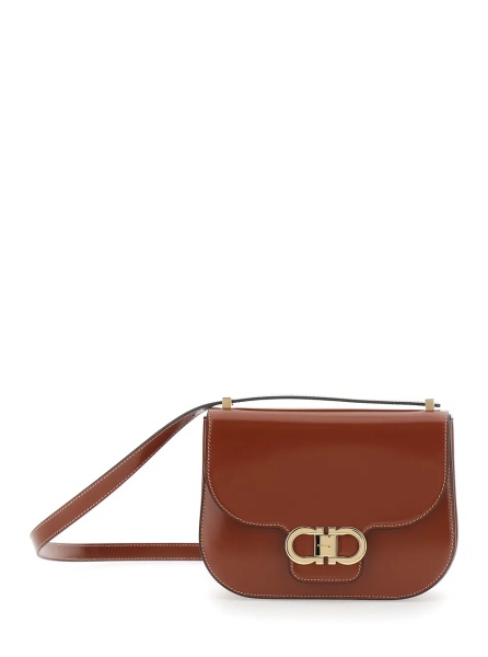 Geanta de umar Brown crossbody bag with adjustable strap and Gancini plaque on the front in leather for women