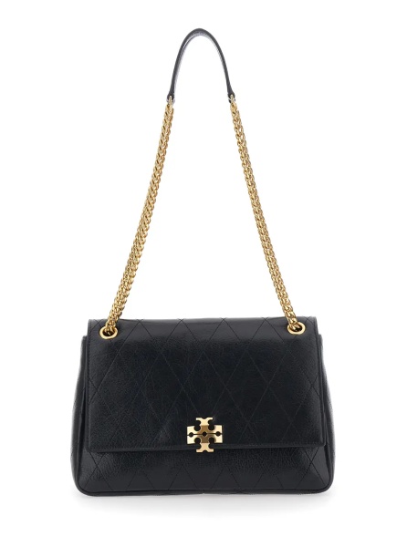 Geanta de umar 'Charlie' Black Crossbody bag with chain strap and logo plate on the front in quilted leather for women