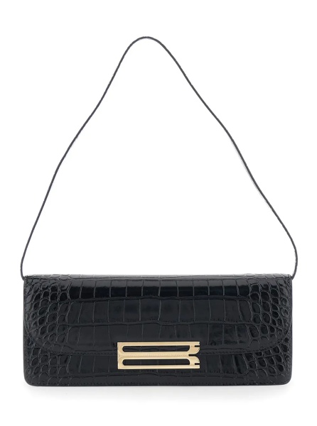 Geanta de umar 'Dorian East-West' Black Shoulder Bag with Plaque Closure on the Front and Crocodile-Embossed Effect in Leather for Women