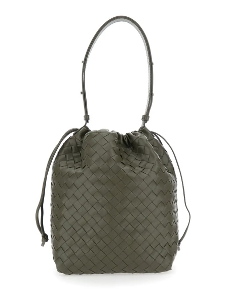 Geanta de umar Green Shoulder Bag with Drawstring Closure and Intrecciato Motif in Leather Man