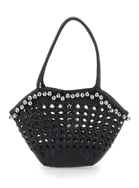 Geanta de umar 'Lip' Black Shoulder Bag with Rounded Handles and Bead Details in Leather for Women