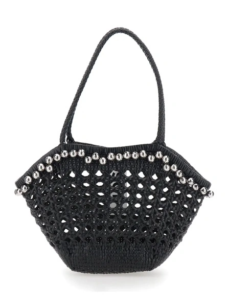Geanta de umar 'Lip' Black Shoulder Bag with Rounded Handles and Bead Details in Leather for Women