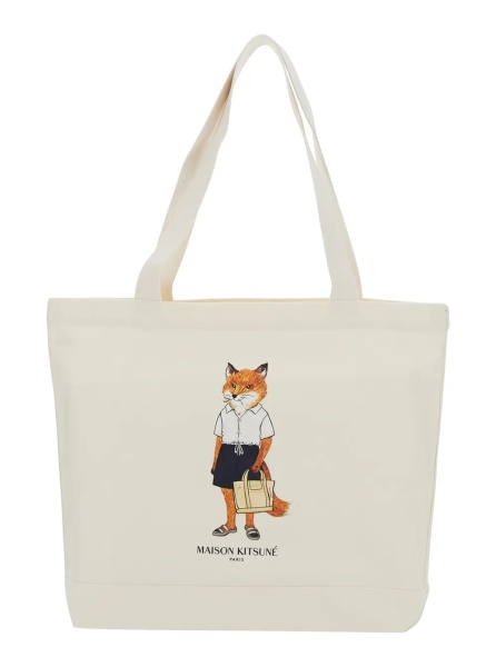 Geanta de umar MAISON KITSUNÉ White Tote bag with large Fox embroidery on the front in cotton for men