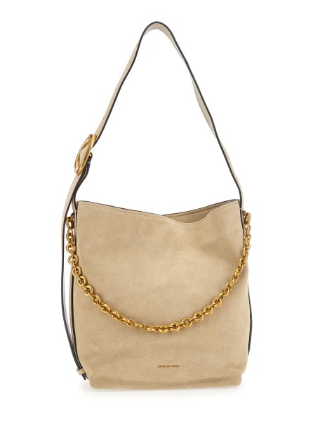Geanta de umar 'Nolita' Beige Shoulder Bag with Chain Detail and Logo Lettering on the Front in Suede for Women