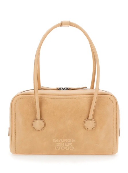 Geanta de umar 'Soft Boston' Beige Small Shoulder Bag with Logo Lettering on the Front in Leather for Women