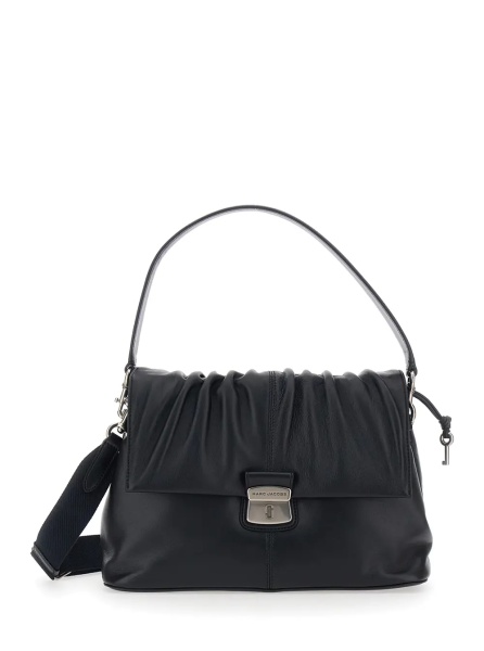 Geanta de umar 'The Messenger' Black Shoulder Bag with Ruching Design and Logo Lettering in Leather Women