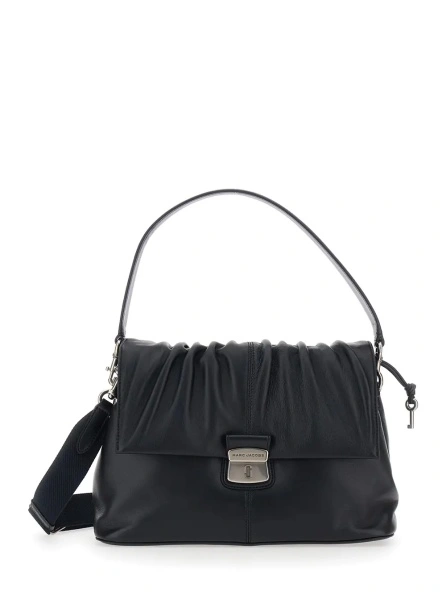 Geanta de umar 'The Messenger' Black Shoulder Bag with Ruching Design and Logo Lettering in Leather Women