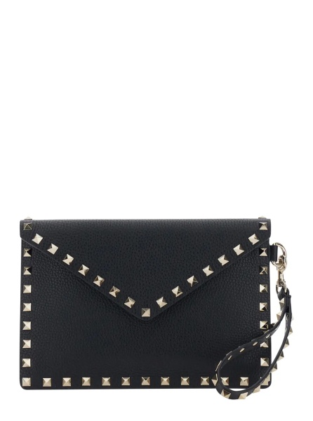 Genti Black Clutch with removable wrist strap and Rockstud decoration in leather for women
