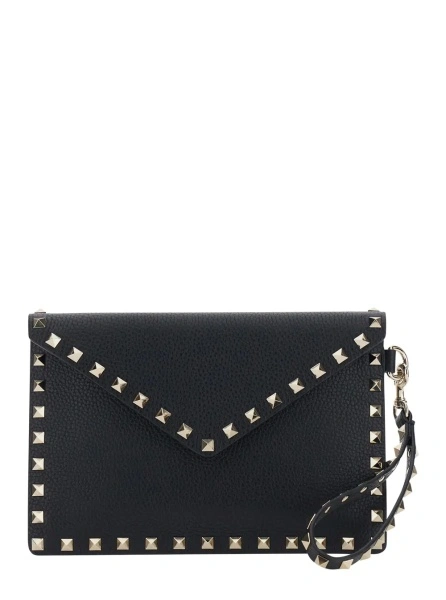 Genti Black Clutch with removable wrist strap and Rockstud decoration in leather for women