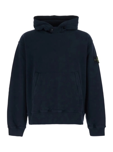 Hanorace blue sweatshirt with fixed hood and logo patch on the sleeve in cotton for men