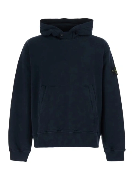Hanorace blue sweatshirt with fixed hood and logo patch on the sleeve in cotton for men