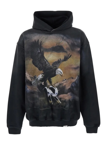 Hanorace Hooded Sweatshirt with Fixed Hood and Maxi Print on Front and Back in Black Cotton for Men