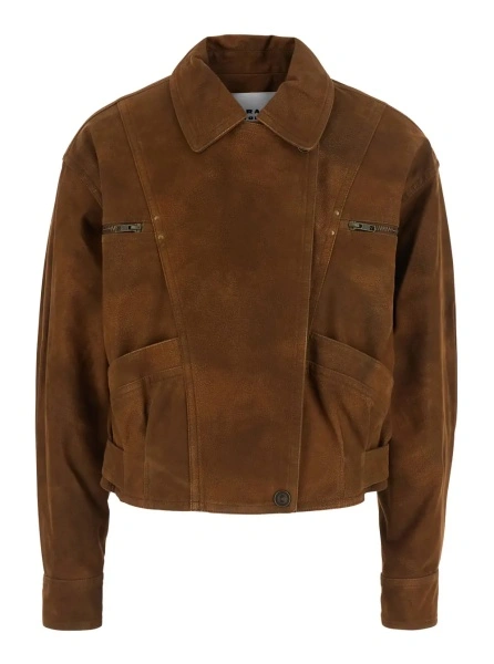 Jacheta 'BELMA' brown Jacket with classic collar and logo patch on the back in leather for women