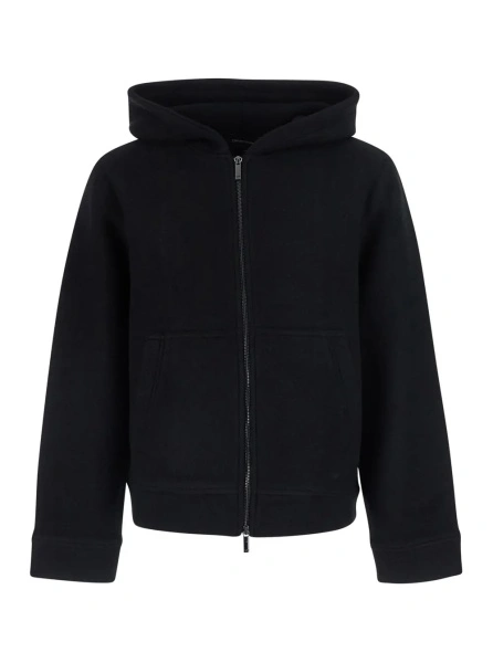 Jacheta Black Jacket with fixed hood and zip on the front in wool for men