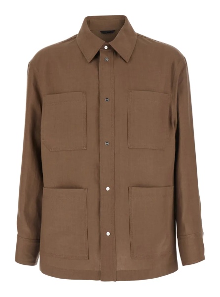 Jacheta Brown Jacket with Classic Collar and Four Patch Pockets on the Front in Linen for Men