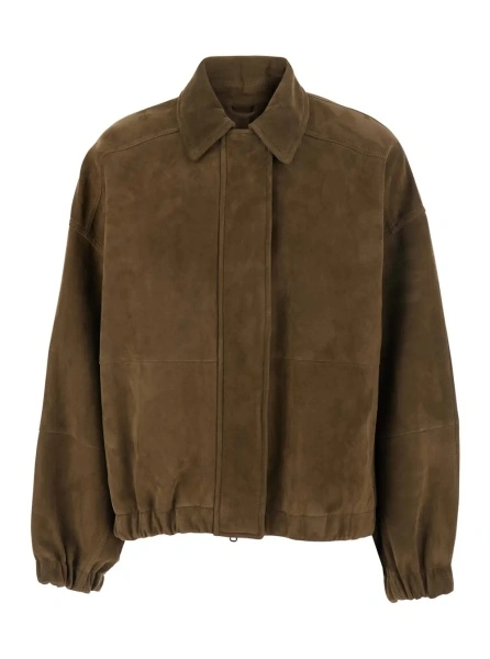 Jacheta Brown Jacket with classic collar and hidden front closure in suede for women