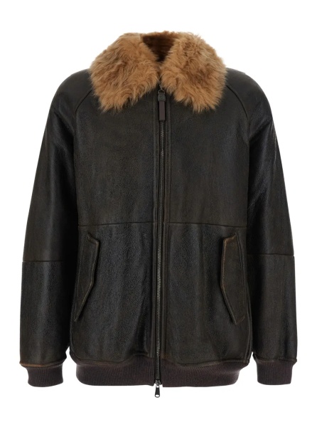 Jacheta Brown Jacket with Fur Collar and Monil Zipper Pull in Leather for Women