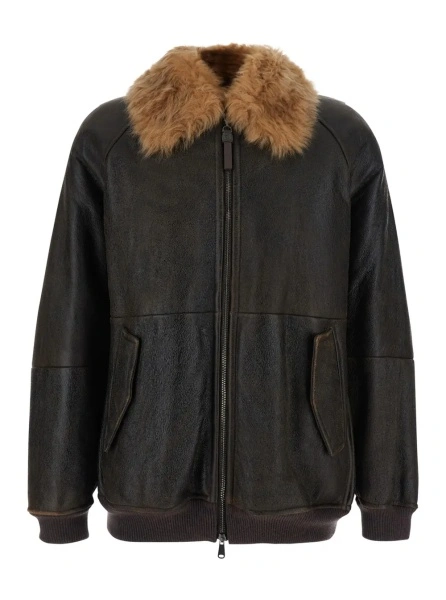 Jacheta Brown Jacket with Fur Collar and Monil Zipper Pull in Leather for Women