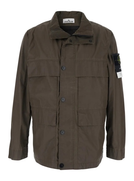 Jacheta Brown Jacket with Logo Patch on the Sleeve and Coated Design in Cotton Blend for Men