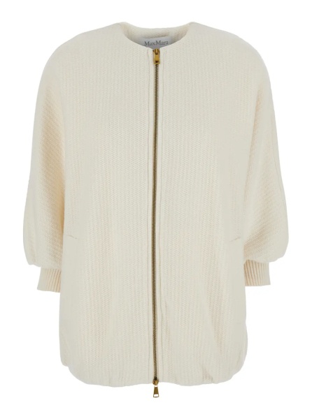 Jacheta 'Cirino' White Crewneck Knit Jacket with Logo Patch on the Rear in Wool and Cashmere Woman