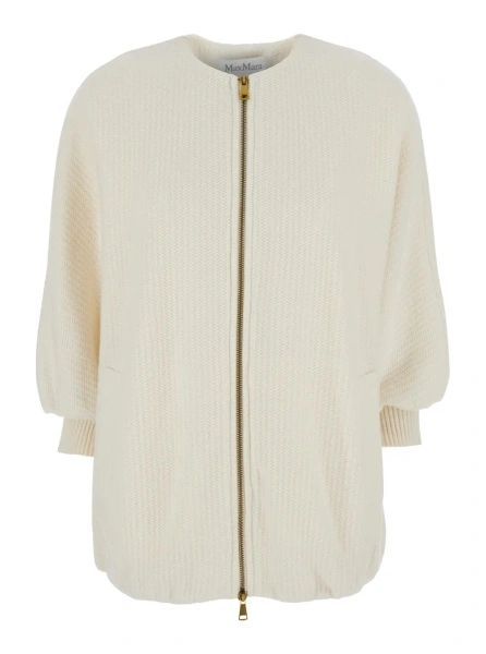 Jacheta 'Cirino' White Crewneck Knit Jacket with Logo Patch on the Rear in Wool and Cashmere Woman