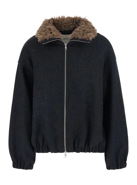 Jacheta Grey Bomber with Fur Collar and Dropped Shoulders in Wool Blend for Women