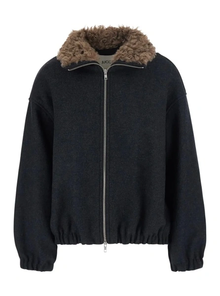 Jacheta Grey Bomber with Fur Collar and Dropped Shoulders in Wool Blend for Women