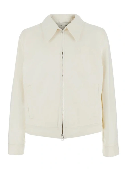 Jacheta White Jacket with Classic Collar and Tone-on-Tone ADC Embroidery on the Front in Fabric for Men