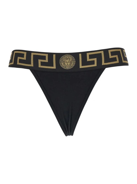 Lenjerie High-Waisted 'Greca' Slip with Medusa Detail in Black Stretch Cotton for Women