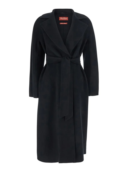Paltoane Black Coat with Wide Notched Revers and Front Belt Closure in Wool and Cashmere Blend for Women
