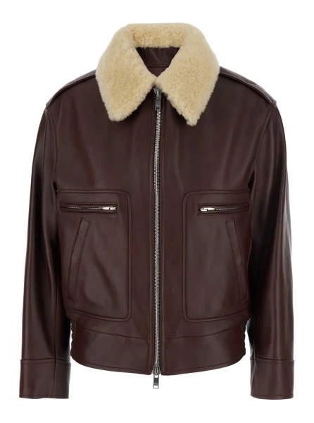 Paltoane Brown Shearling Coat with Removable Fur Collar and Front Zip Closure in Leather Woman