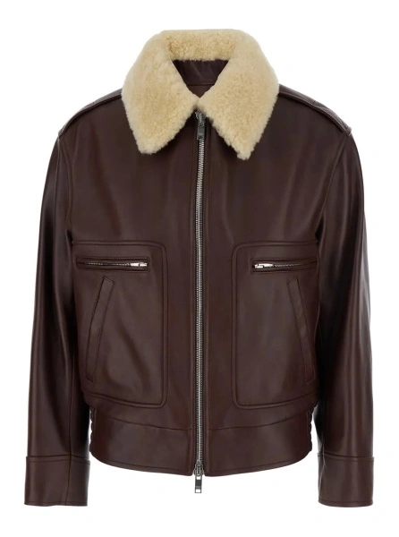 Palton Bottega Veneta maro din shearling si piele