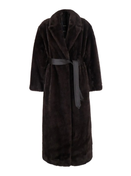 Palton Brown coat with lapel collar and waist belt in faux fur women