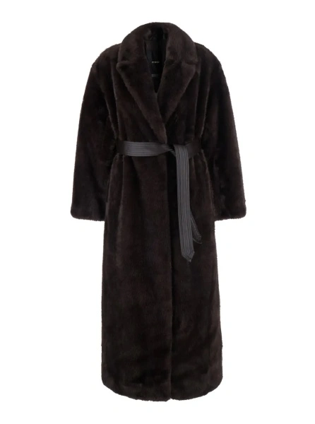 Palton Brown coat with lapel collar and waist belt in faux fur women
