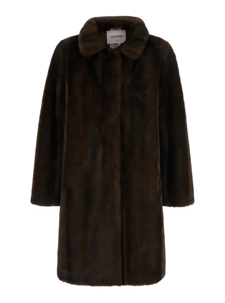 Palton Brown Shearling Coat with classic collar and hidden front closure in ecofur for women