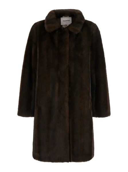 Palton Brown Shearling Coat with classic collar and hidden front closure in ecofur for women