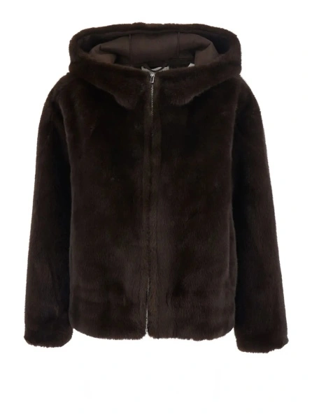 Palton 'Pandy' Brown shearling jacket with fixed hood in eco fur for women
