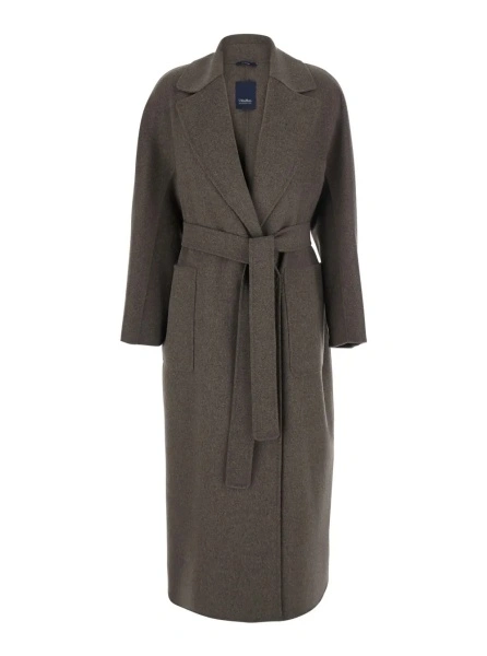 Palton 'PEONIA' brown coat with lapel collar and tie belt at the waist in wool for women