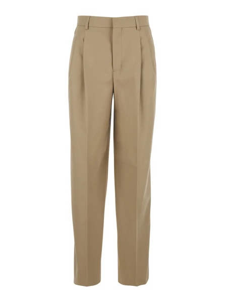 Pantaloni Beige Cotton Pants with Belt Loops and Front Pleats for Women