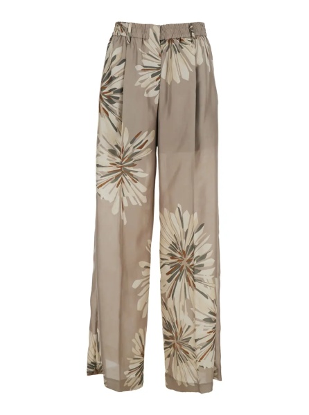 Pantaloni Beige pants with elastic waistband and all-over floral print in silk woman